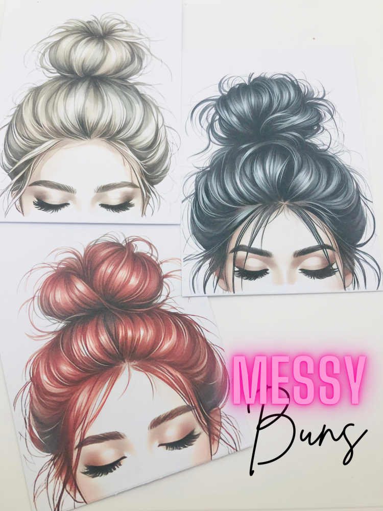 Mixed Hair colours messy bun mum hair printed bow display cards (PACK OF 10)