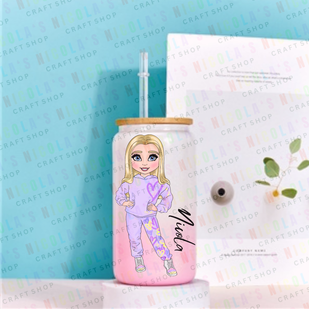 TRACKSUIT GIRL - 16oz Pink and white mix tumbler drinking jar Personalised with your dolly and name