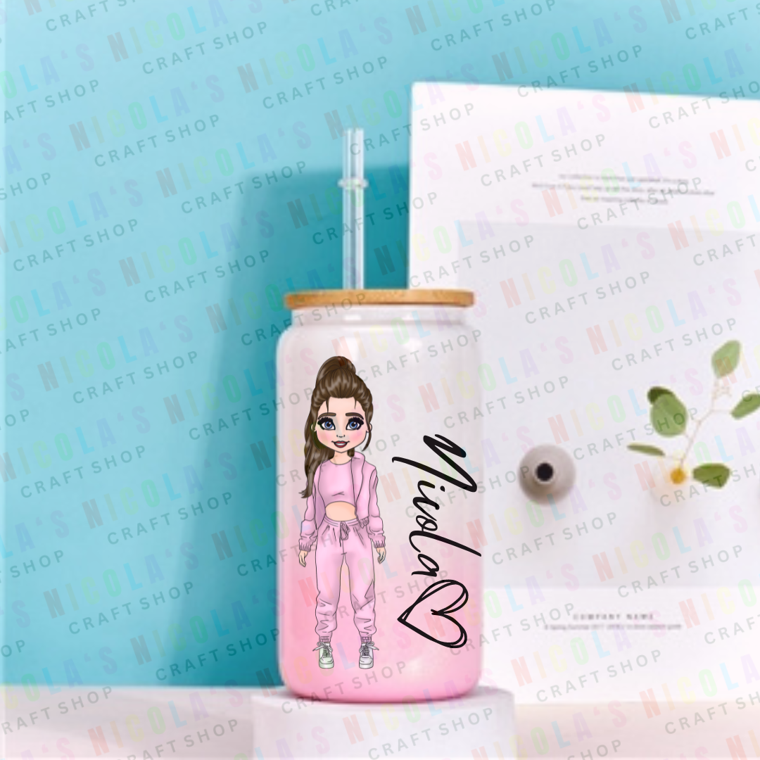 PINK LOUNGE SET GIRL - 16oz Pink and white mix tumbler drinking jar Personalised with your dolly and name