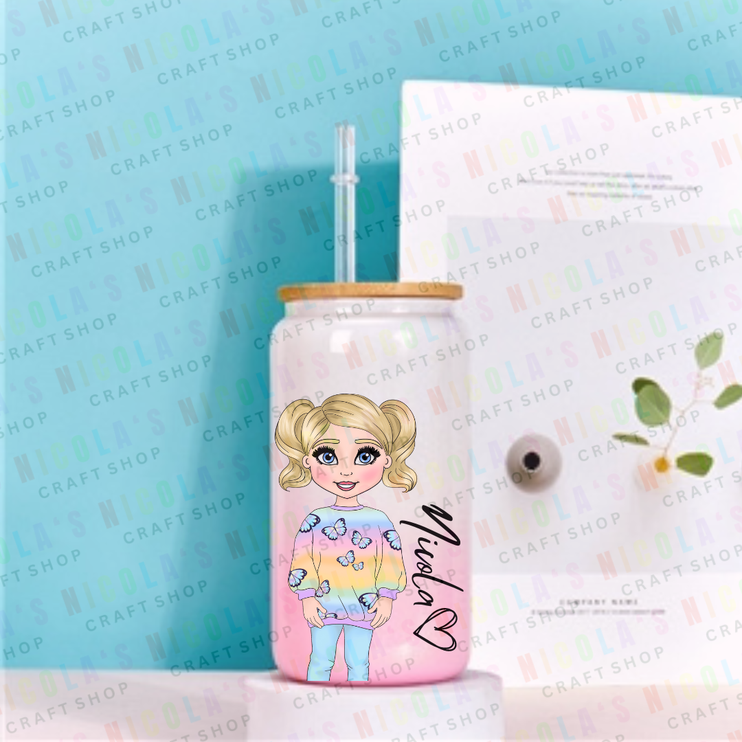 RAINBOW BUTTERFLY GIRL - 16oz Pink and white mix tumbler drinking jar Personalised with your dolly and name