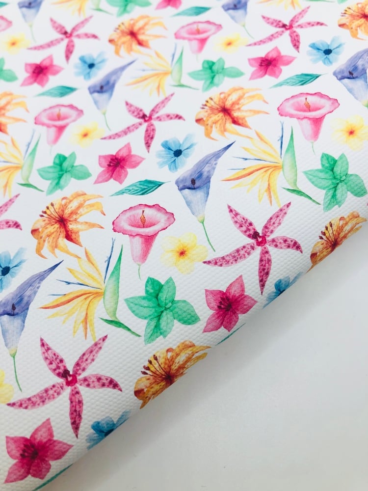 1693 - Pastel Mixed Tropical Summer Bright Flowers printed canvas fabric sheet