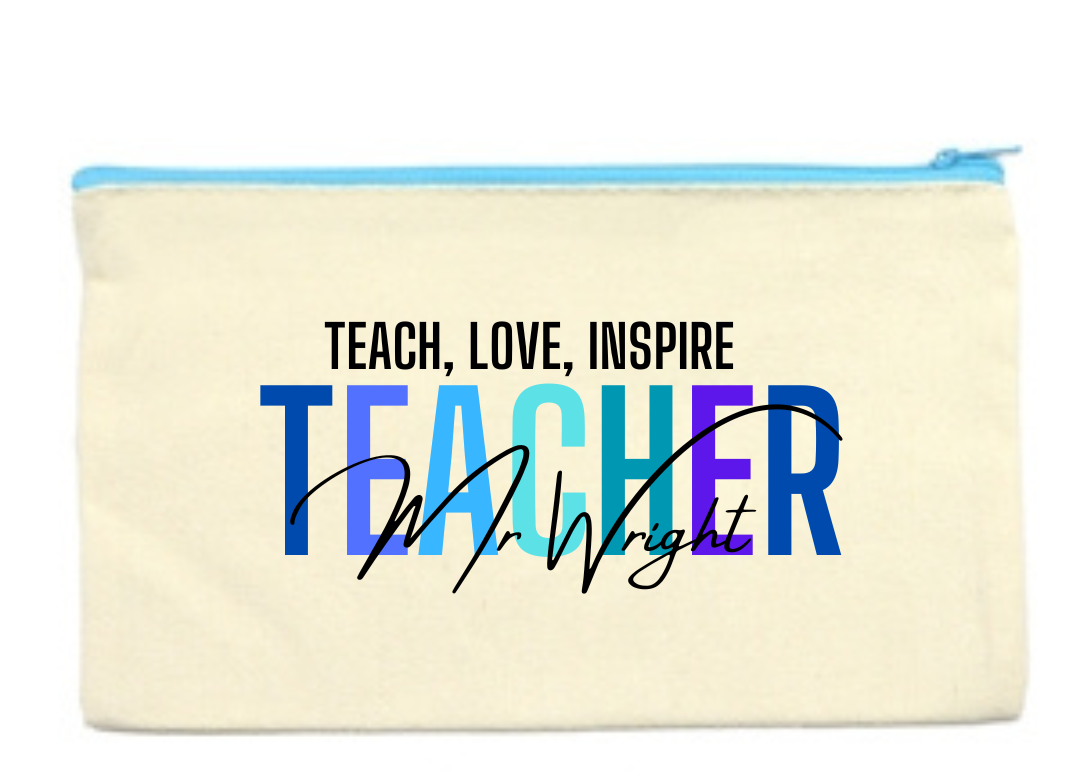 BLUE ZIPPER - Teacher Personalised School Canvas Pencil Case