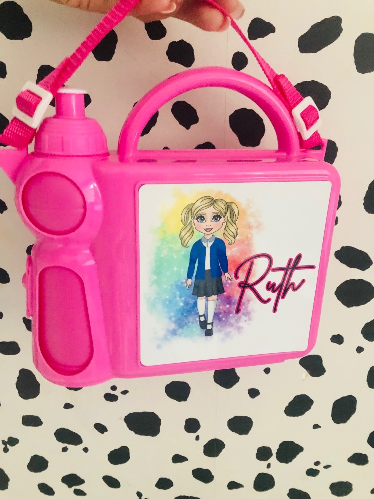 PINK - Girls Plastic Lunch Box with water bottle personalised