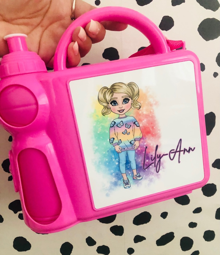 PINK - Butterfly legging Girls Plastic Lunch Box with water bottle personal