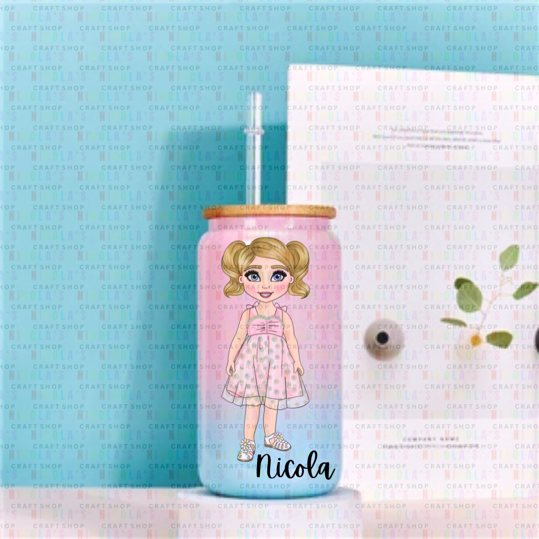 DARLING DAISY GIRL - 16oz Pink and Blue mix tumbler drinking jar Personalised with your dolly and name
