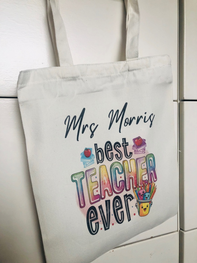 Best Teacher Ever crayon rainbow printed personalised canvas bag
