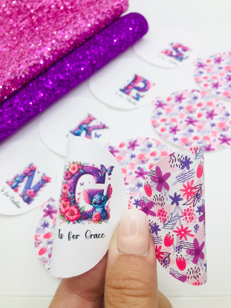 Inspired Alphabet Initial Purple Stitch Floral Printed Pre Cut Bow Loop