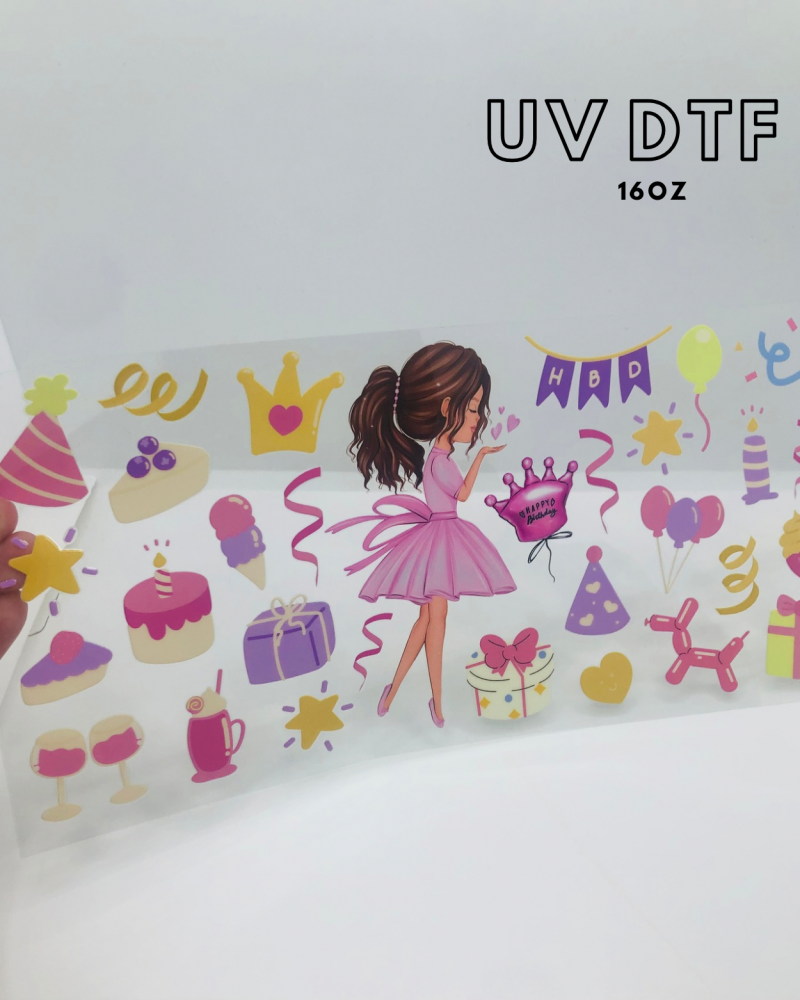 BROWN HAIR BIRTHDAY GIRL WRAP 16OZ + UV DTF TRANSFER