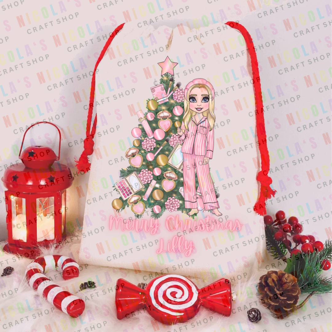 PINK MAKEUP INSPIRED - Christmas Red drawstring Sacks personalised