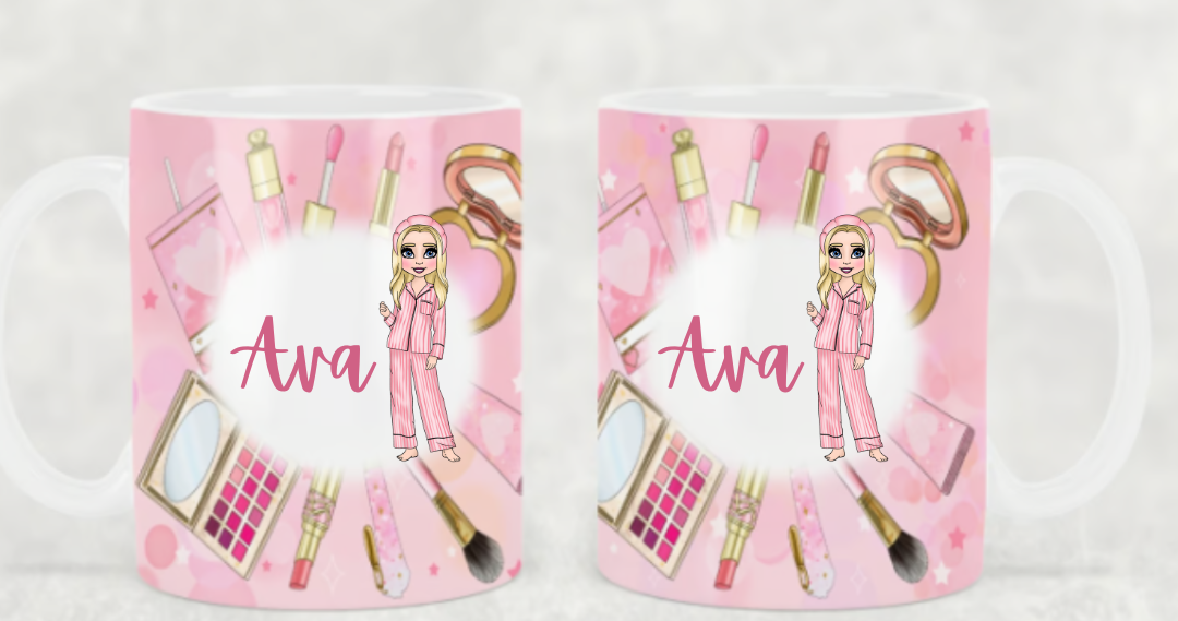 WITH DOLL PINK MAKEUP INSPIRED - Makeup Pyjama girl personalised printed 11oz Mug