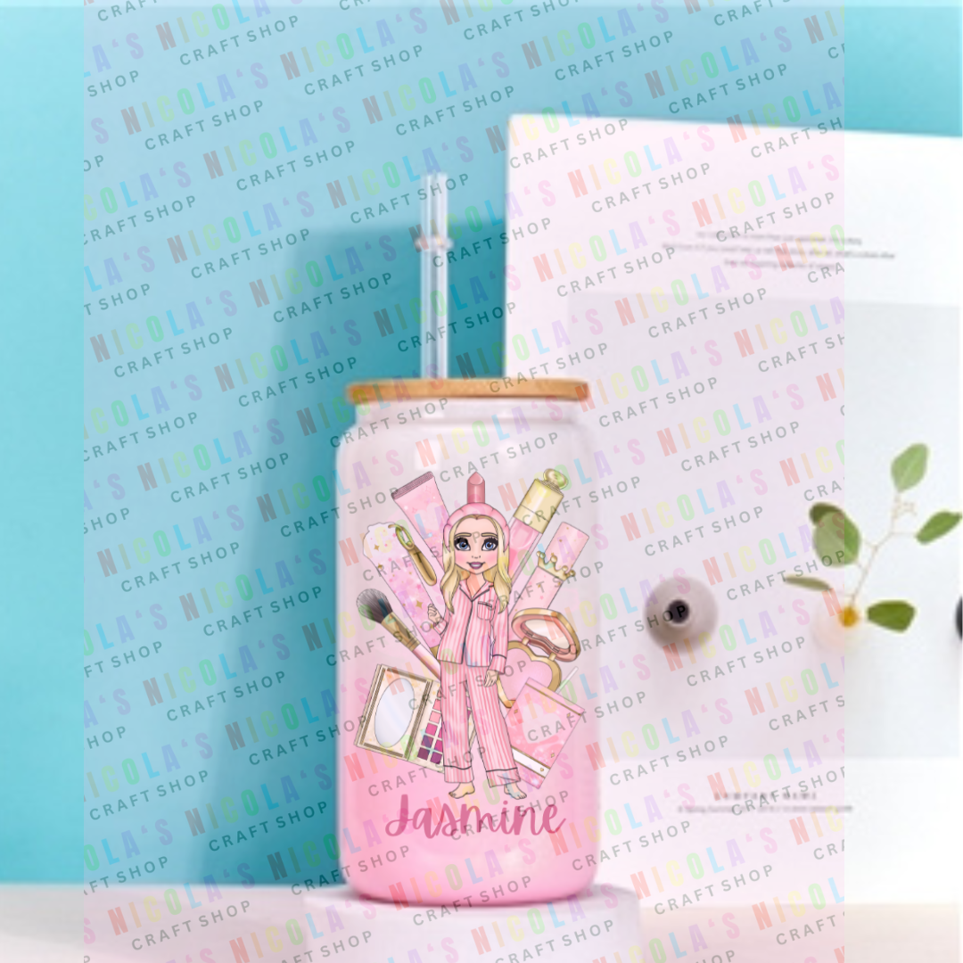 PINK MAKEUP INSPIRED - 16oz Pink and white mix tumbler drinking jar Personalised with your dolly and name