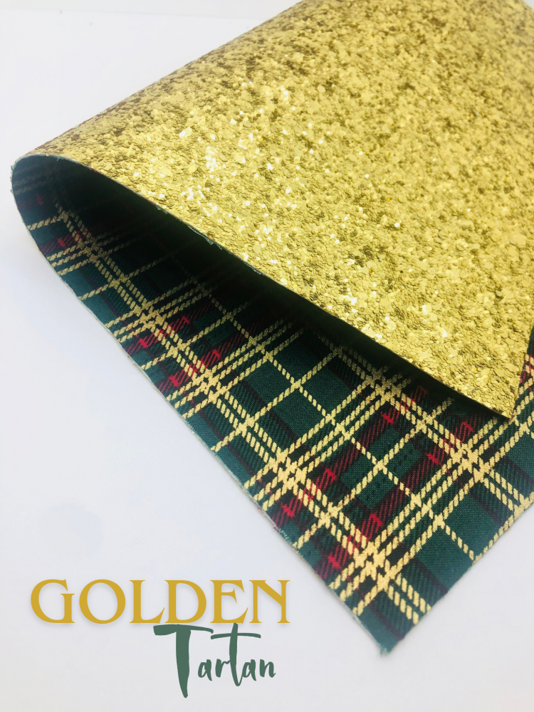 Green Metallic Tartan Backed with chunky glitter fabric sheet