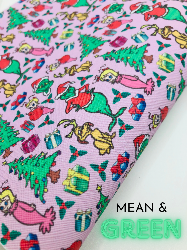 Pink Green man inspired print christmas printed leather fabric