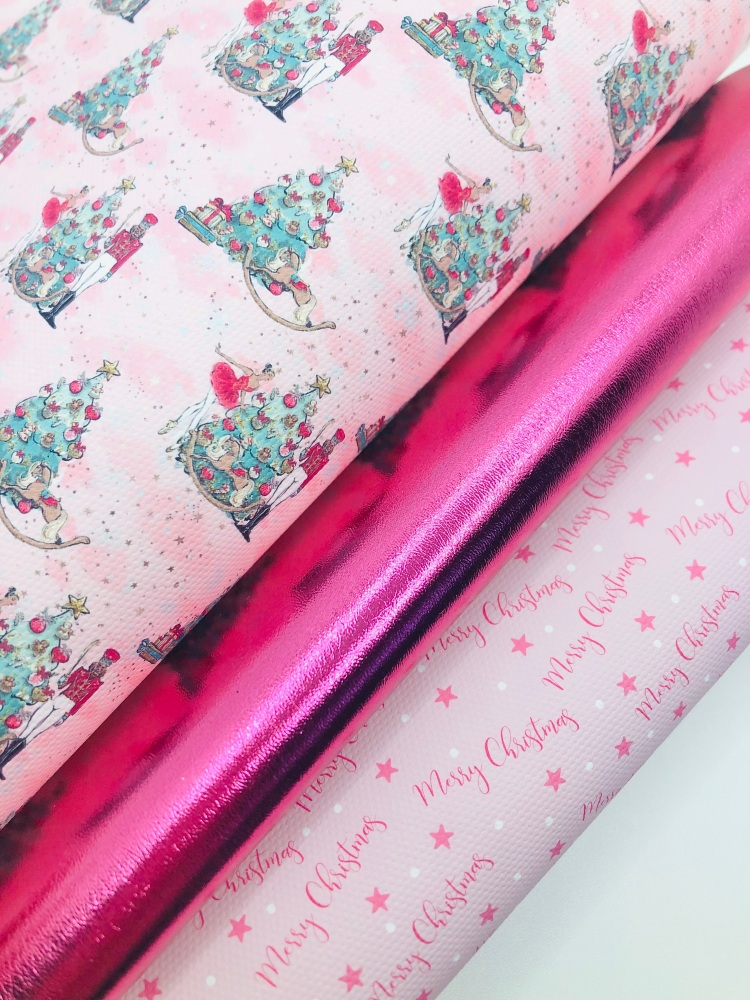 Hot Pink thinner metallic  Merry Christmas Printed fiver fabric Bundle
