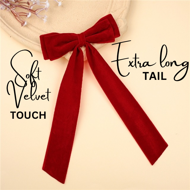 RED EXTRA LONG -  Velvet Bow Knot ready made hair bow with clip