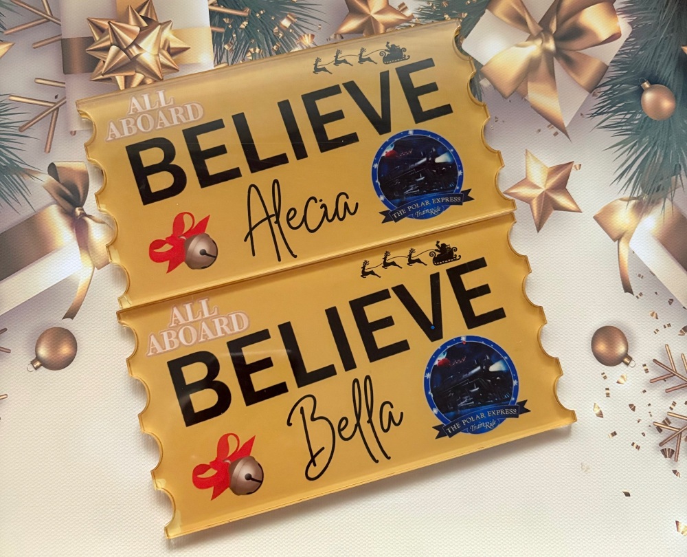 Acrylic Polar express inspired golden ticket personalised decoration