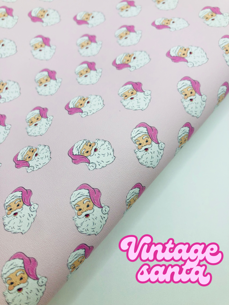 Vintage pink Santa Claus christmas printed leather fabric