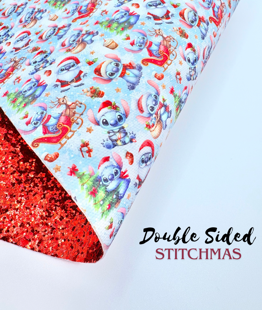 RED - Double Sided Blue Stitchmas canvas backed with chunky glitter