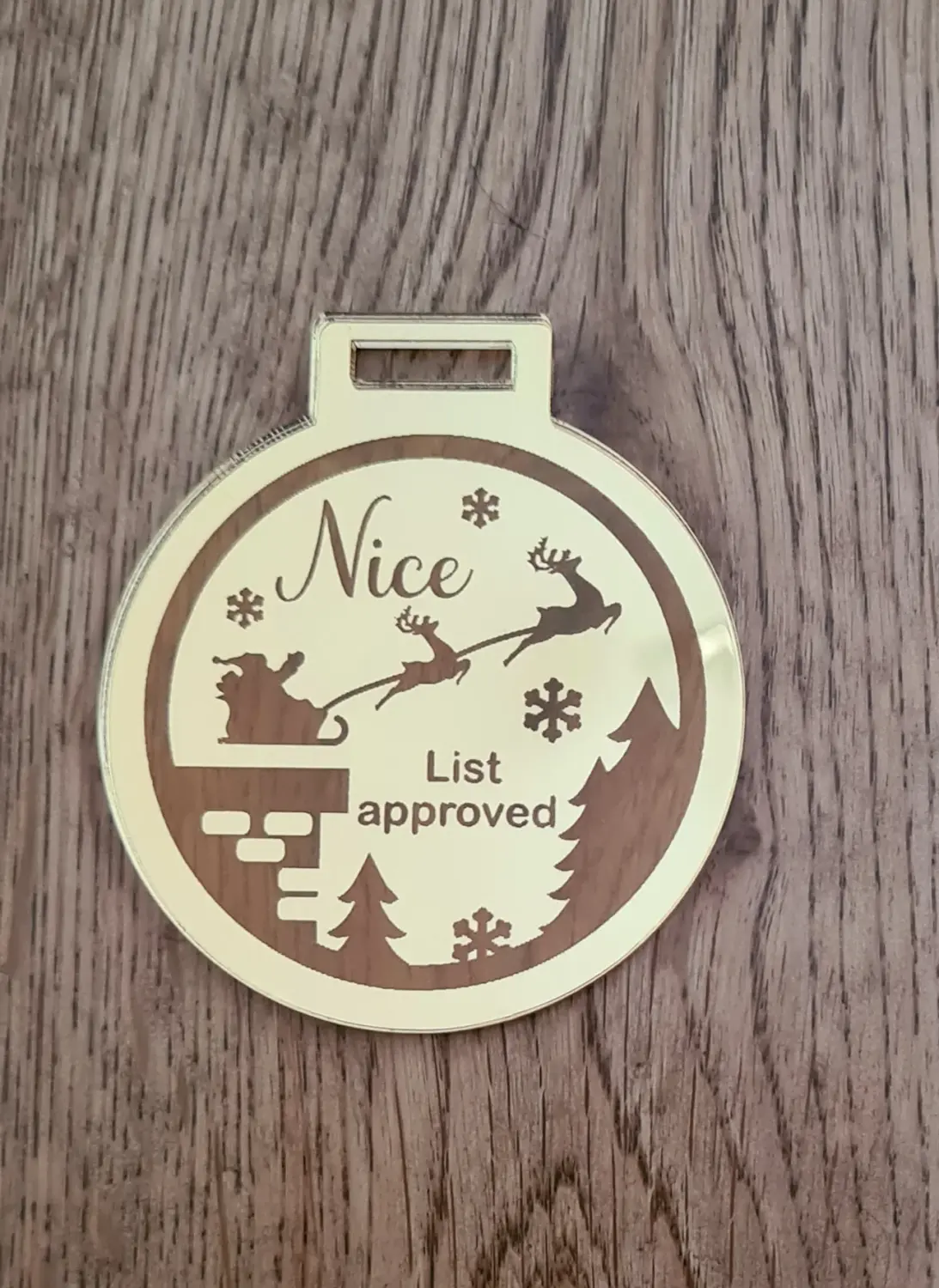 Christmas Nice list Santas Sleigh Acrylic Gold mirrored medal