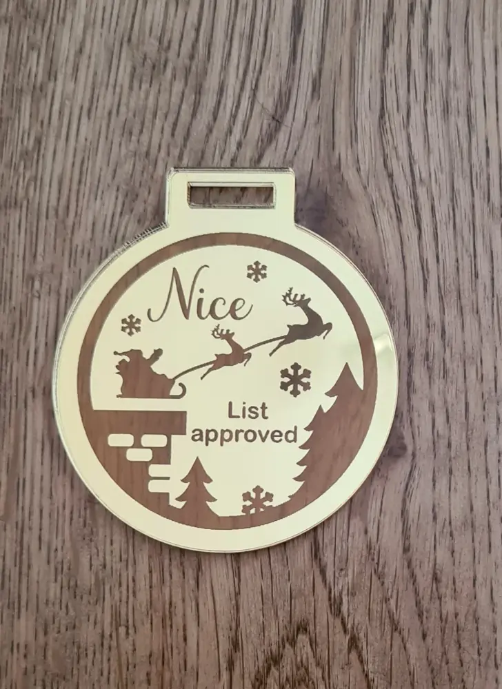 Christmas Nice list Santas Sleigh Acrylic Gold mirrored medal