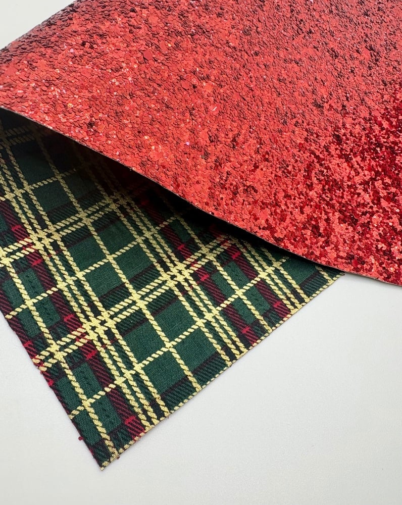 A4 Red Metallic Tartan Backed with chunky glitter fabric sheet