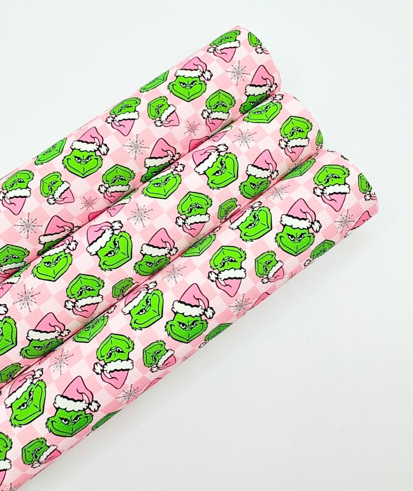 1623 - Christmas pink plaid green man printed canvas fabric sheet