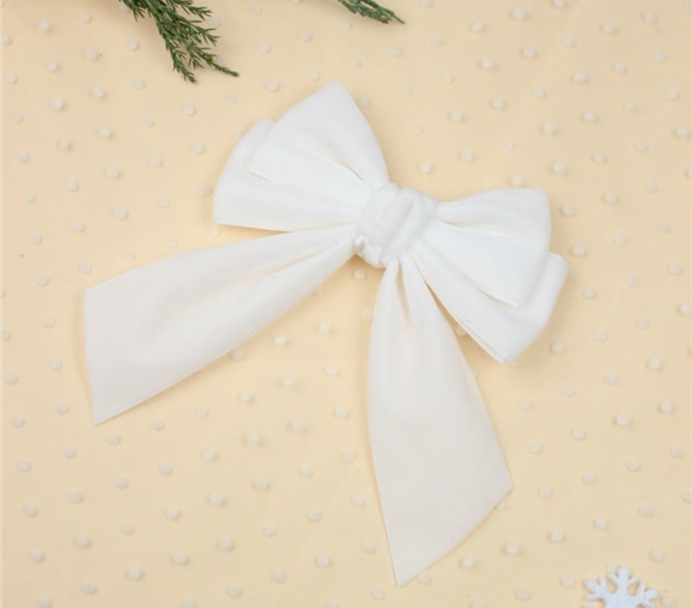 WHITE - Double Layer Long Tail Velvet Bow Knot ready made hair bow with clip