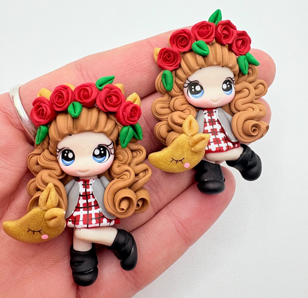 Plaid Dress girl christmas polymer clay doll full body