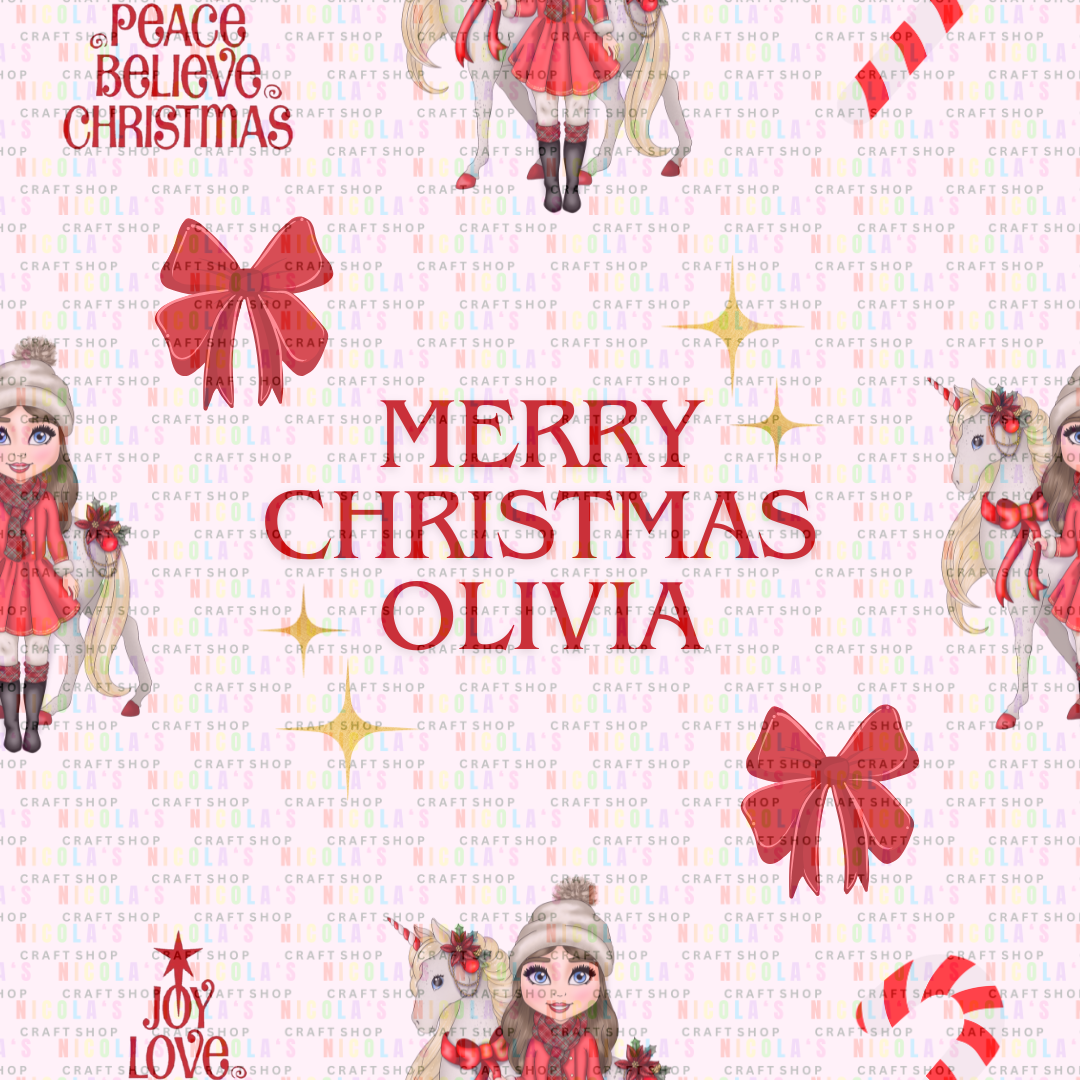 Christmas Girl & Unicorn personalised wrapping paper sheet A3