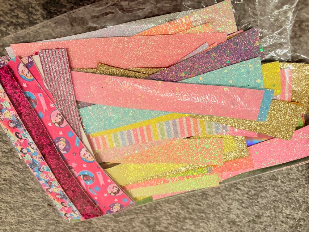 Funky & Bright off cut strips of leather and glitter fabric