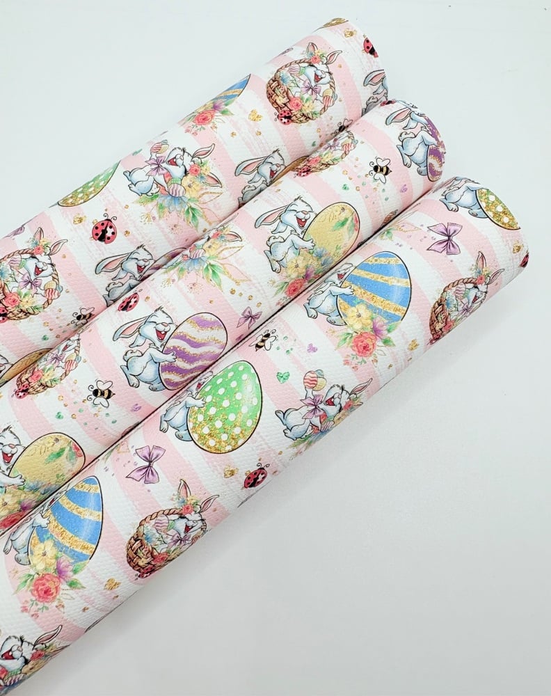 1068 - Pink striped crazy bunny egg printed canvas fabric