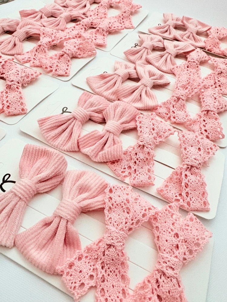 Pink velvet lace Bows on clips Set of 4