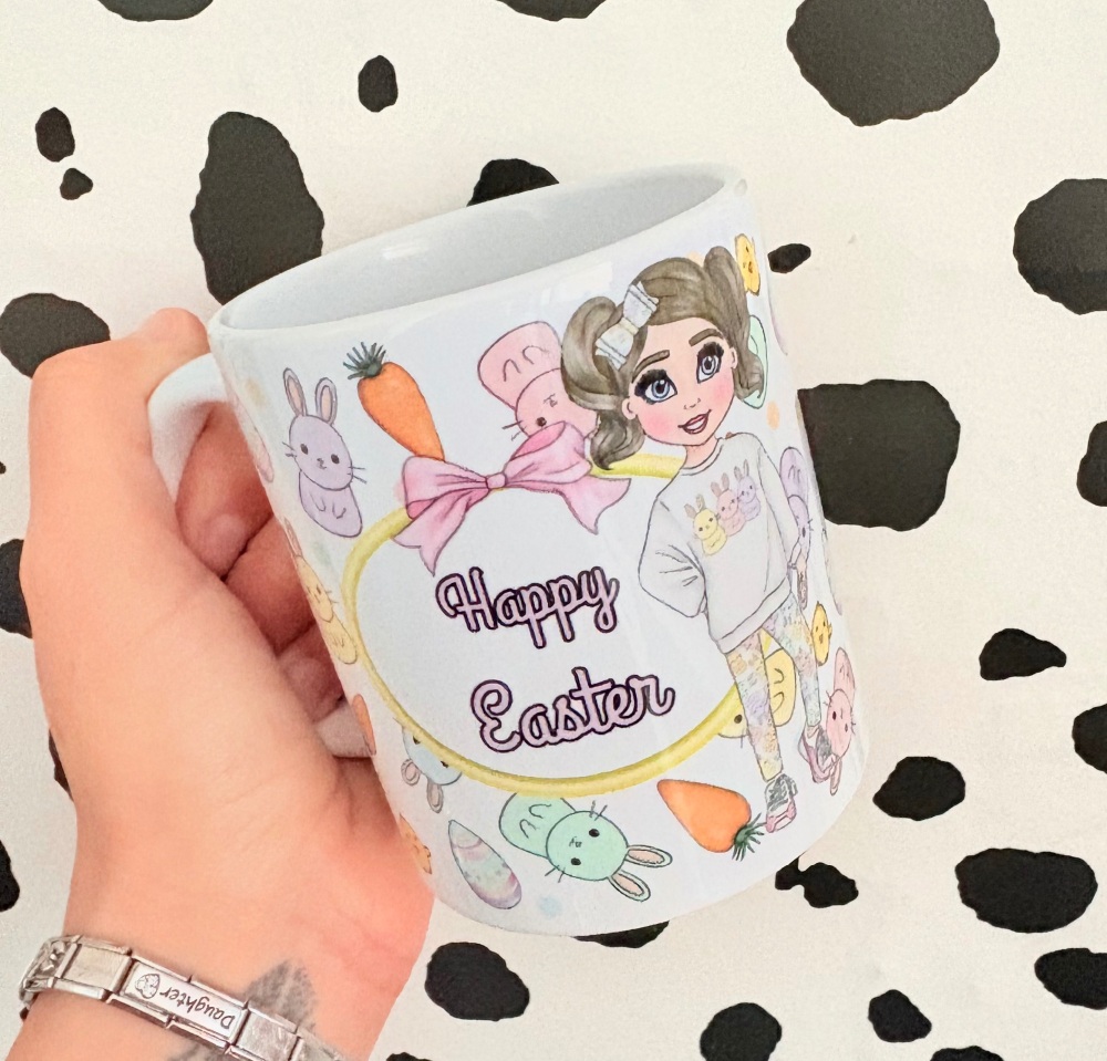 Happy Easter Colourful Bunny with girl personalised printed 11oz Mug