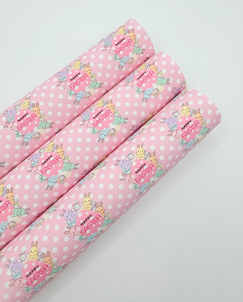 1629 - Happy Easter Pastel bunnies polka dot printed canvas fabric sheet