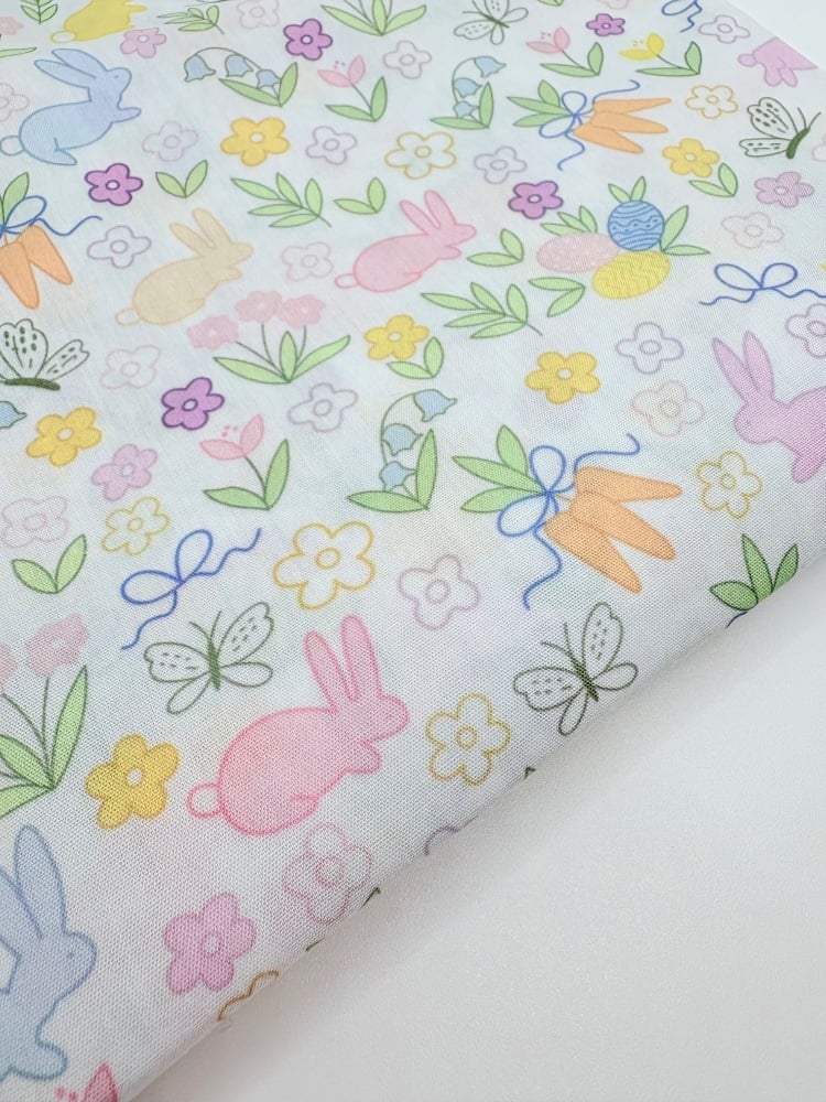 Pastel Easter Bunny Floral  Printed Poly cotton Fabric