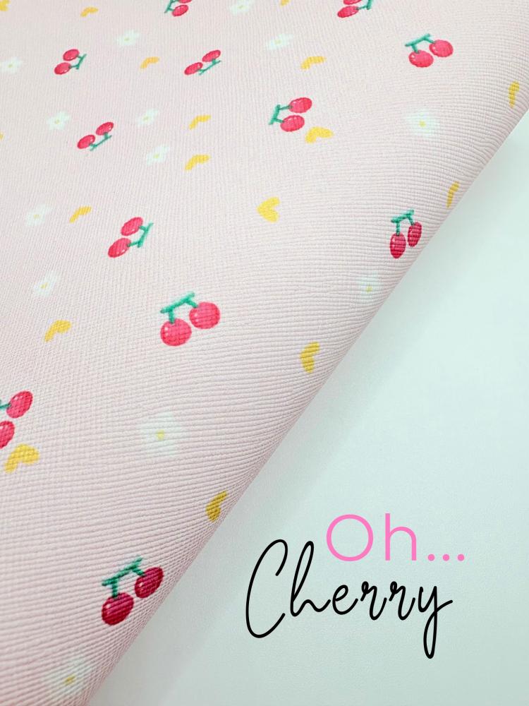 Cute Pink cherries printed leatherette fabric