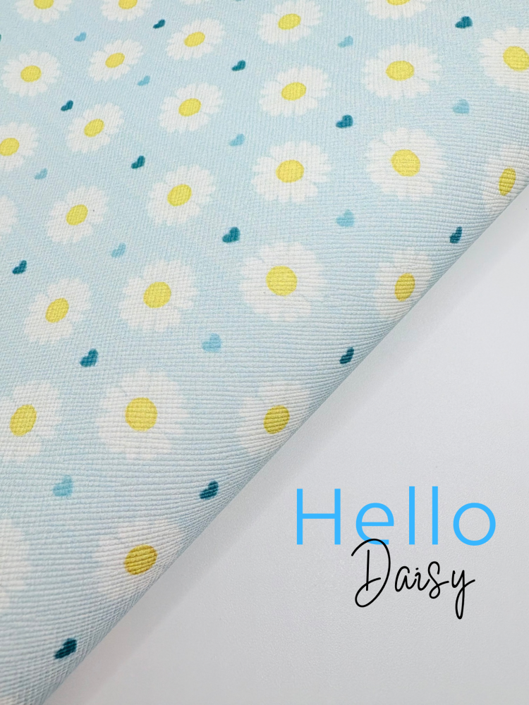 Pastel Blue Daisy Hearts printed leatherette fabric