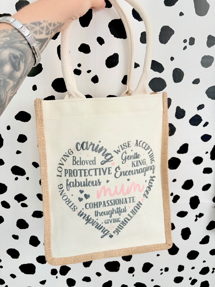 Medium Heart Mum Wording Jute Bag Mothers day gift