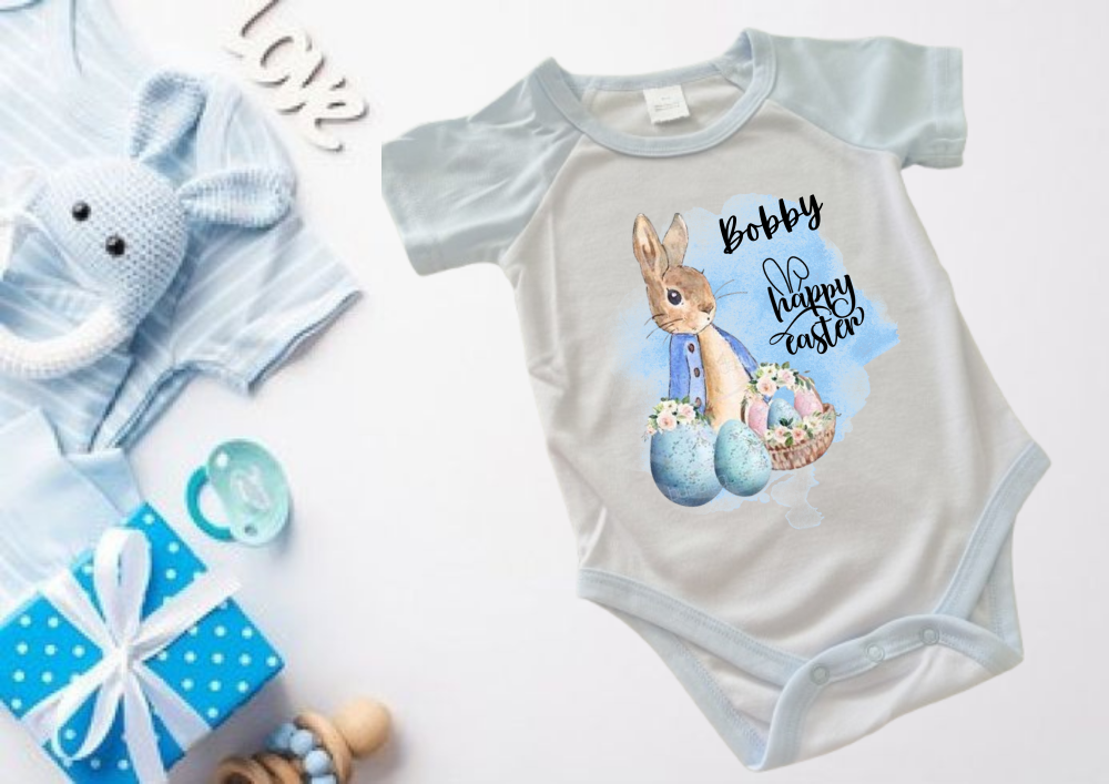 BLUE - 6-12 months Easter rabbit Printed personalised Baby romper vest