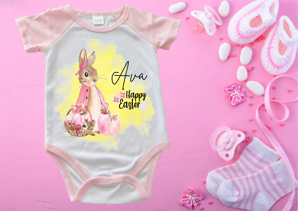 PINK - 6-12 months Easter rabbit Printed personalised Baby romper vest