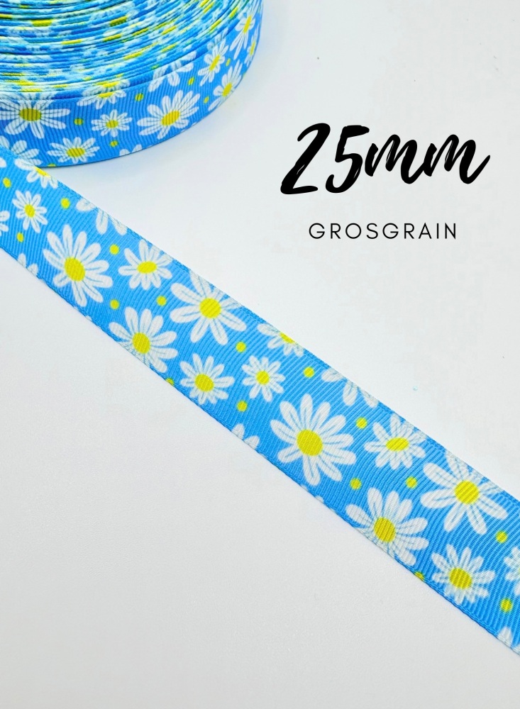 25mm Bright Blue Daisy printed Grosgrain ribbon