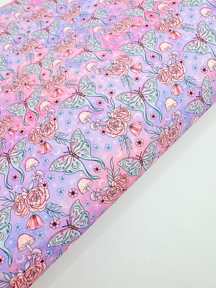 1696 - Ombre Butterfly pink purple mushroom printed canvas fabric sheet