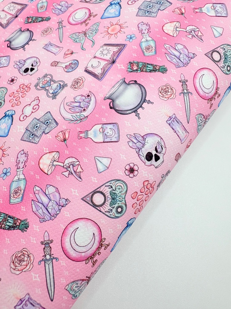 1696 - Pink Witchy Inspired mix printed canvas fabric sheet