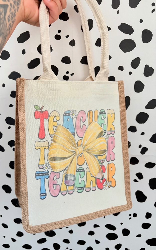 TEACHER TEACHER TEACHER Pencil Bow Jute Bag Personalised name