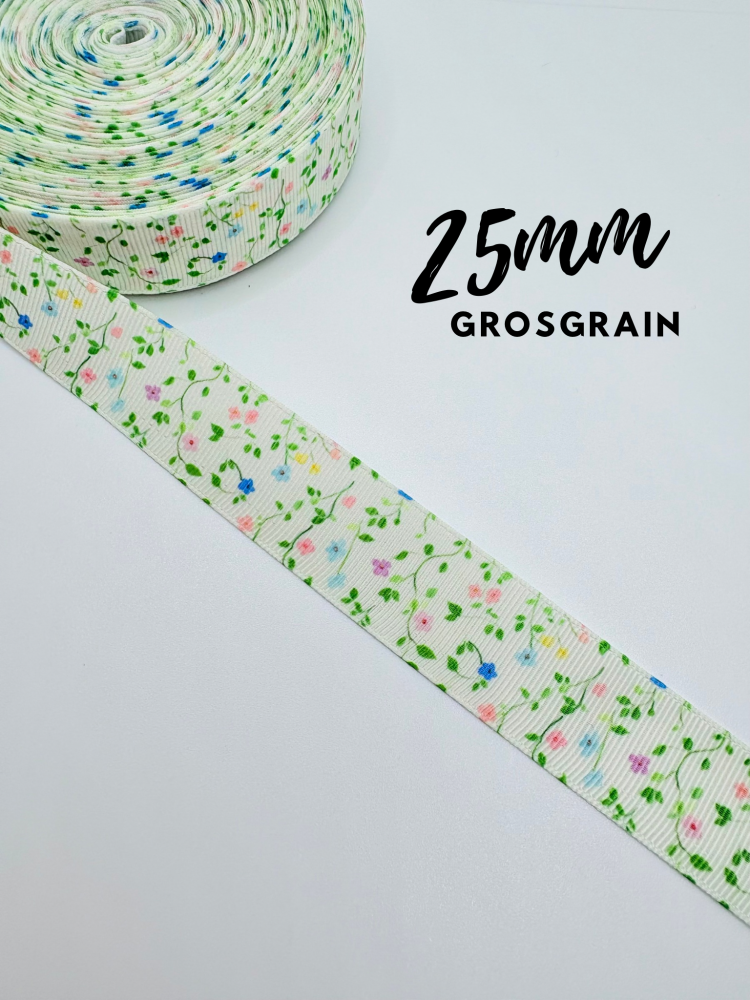 25mm Pastel Ditsy Floral printed grosgrain ribbon