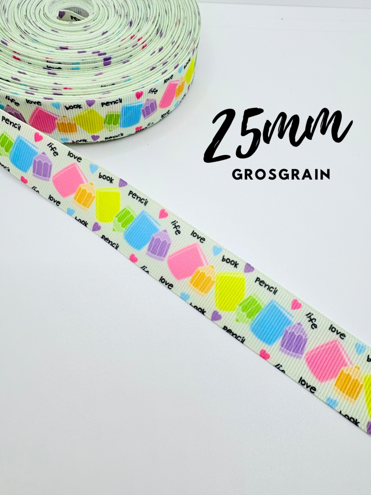 25mm School Rainbow Pencils printed grosgrain ribbon