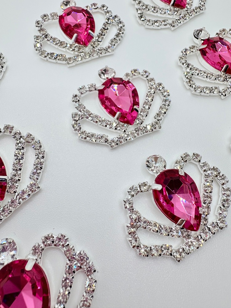 HOT PINK - Crystal Diamontee Crown Silver Embellishment