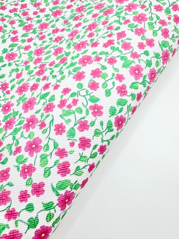 Bright Pink floral printed leatherette fabric