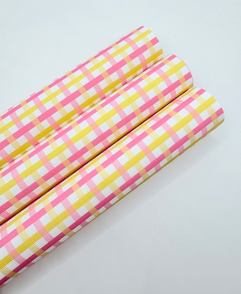 1770 - Pink & Yellow plaid printed canvas fabric sheet