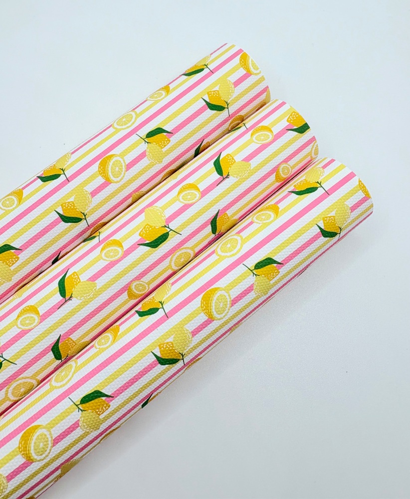 1770 - Pink & Yellow lemon stripe printed canvas fabric sheet